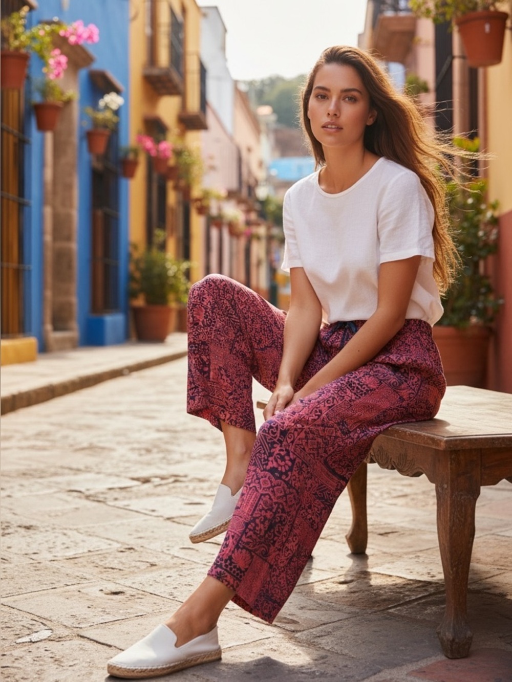 Natural fabric patchwork print pants s